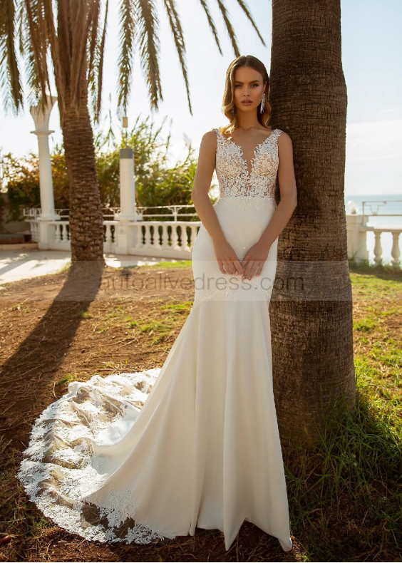 Sparkly Ivory Lace Satin Sexy Mermaid Wedding Dress